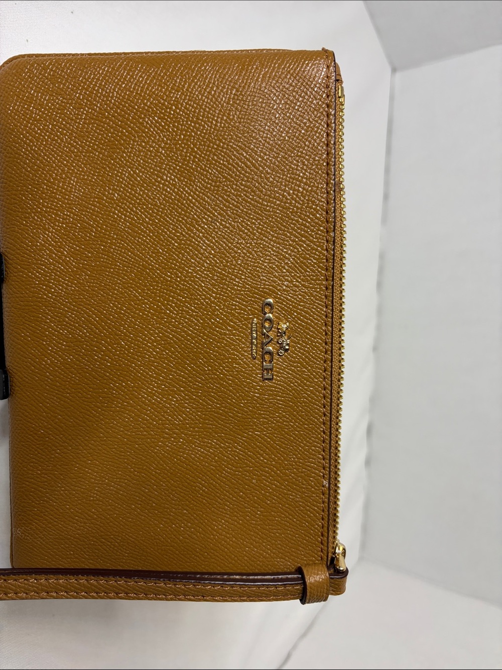 Coach Cognac Leather Wristlet Clutch with Gold Hardware